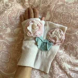 Ivory/soft pink 100% Cashmere,fingerless gloves hand warmers flower/c…